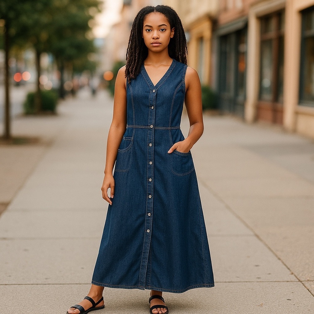 DKNY Jeans Long Denim Maxi Dress Size 10 NWT - Picture 1 of 8